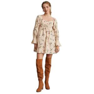 Anthropologie Cream Sand Embroidered Floral Smocked Back Mini Dress